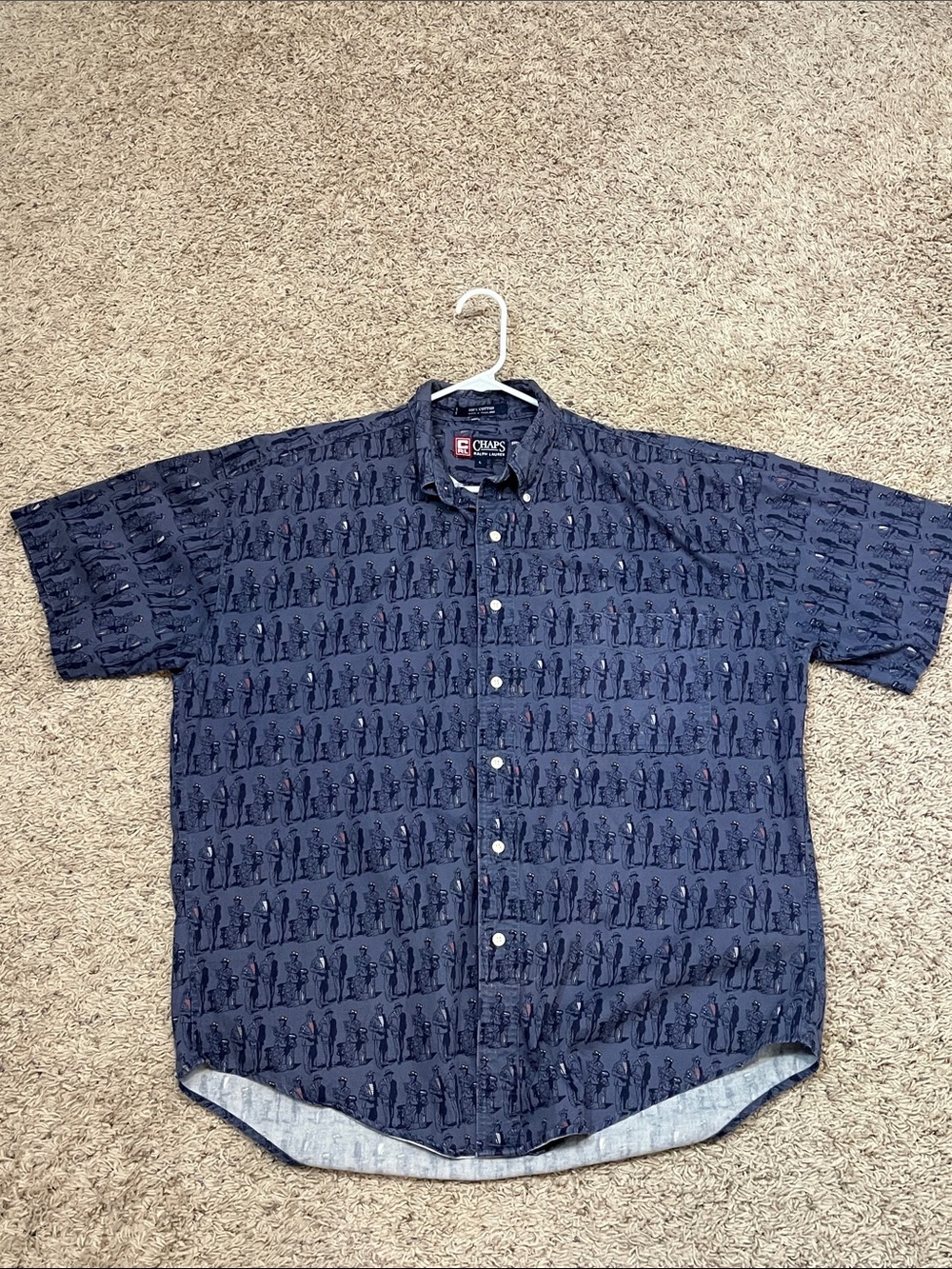 Vintage Chaps by Ralph Lauren Blue Sailor Print Short Sleeve Button Down Shirt